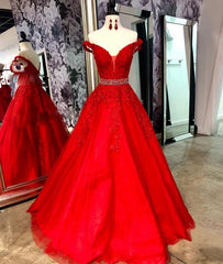 Red Lace Formal Prom Dresses Tulle Off Shoulder Long Beaded Evening Dress MyChicDress