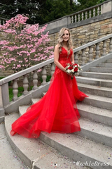 Red Lace Prom Dresses 2025 Cheap V Neck A Line Tulle Evening Gowns MyChicDress