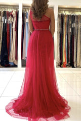 Red Lace Tulle Prom Dresses One Shoulder Mermaid Evening Dresses Sequin Belt MyChicDress