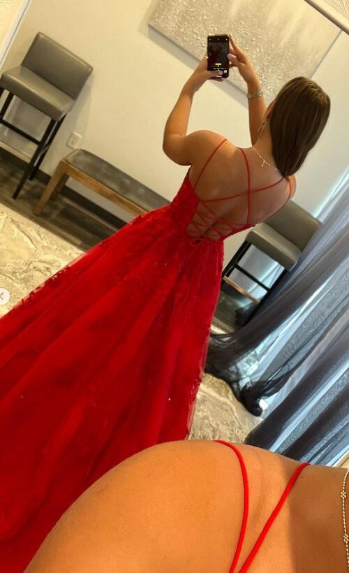 Red Long Lace 2024 Prom Dresses Sexy Spaghetti Straps Formal Dresses MyChicDress