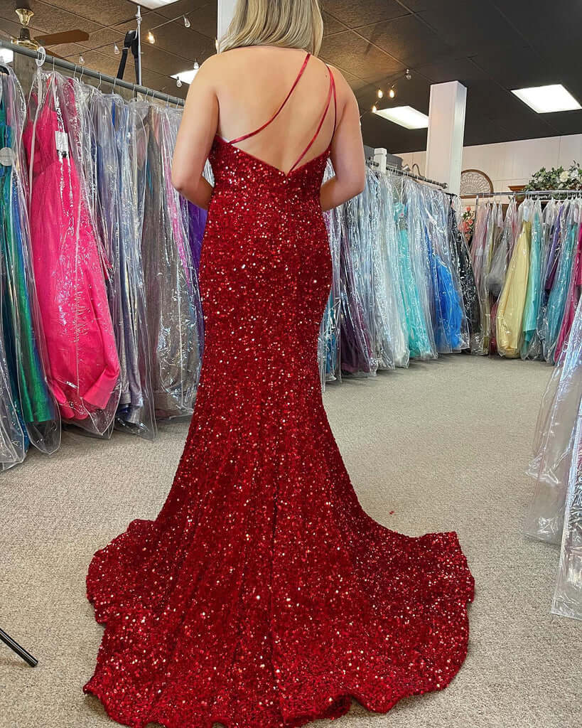 Red Plus Size Sequin Iridescent Prom Dresses One Shoulder Long Formal Dress Mermaid MyChicDress