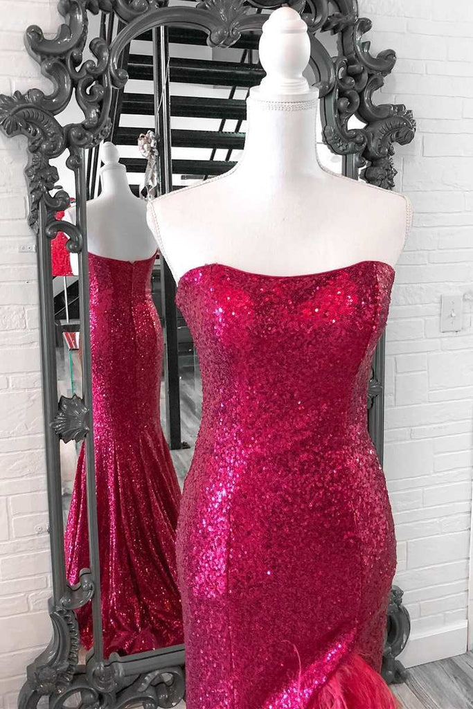 Red Plus Size Sequin Long Prom Dresses Mermaid Strapless Slit with Feather MyChicDress