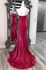 Red Plus Size Sequin Long Prom Dresses Mermaid Strapless Slit with Feather MyChicDress