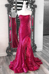 Red Plus Size Sequin Long Prom Dresses Mermaid Strapless Slit with Feather MyChicDress