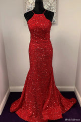 Red Prom Dresses Sequin Halter Long Sleeveless Mermaid Evening Dress MyChicDress