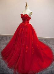 Red Sweetheart Prom Dresses Tulle Applique Ball Gown Quinceanera Dresses MyChicDress