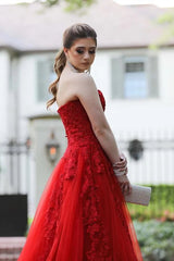 Lindo longo vestido de baile de renda vermelha, vestido de noite sem alças querido