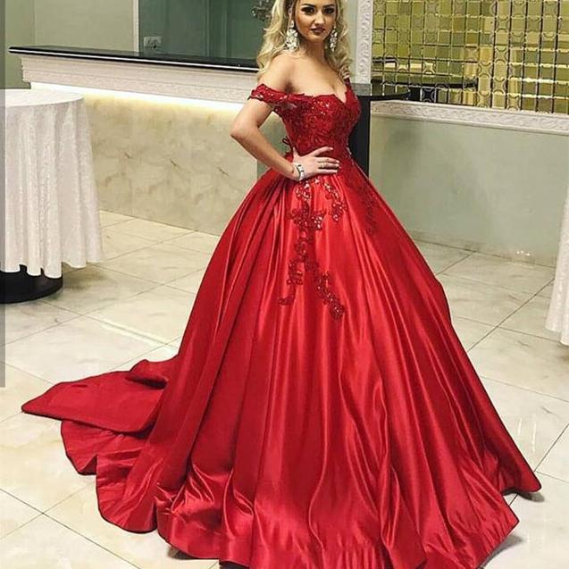 Satin Ball Gown Red Prom Dress Off Shoulder Sweetheart 16 Dresses