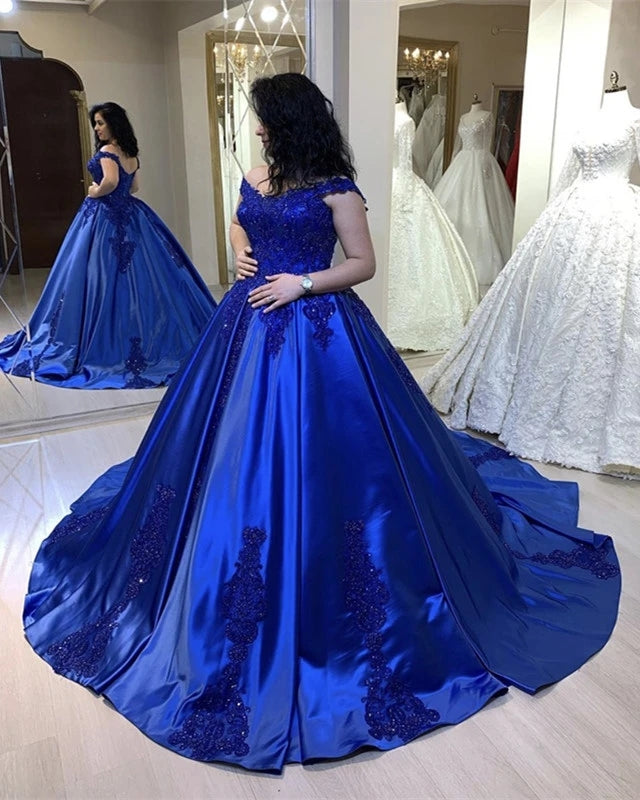 Off Shoulder Royal Blue Quinceanera Dresses Lace Satin Ball Gown 