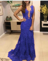 Royal Blue Lace Mermaid Prom Dresses Long Evening Dres MyChicDress