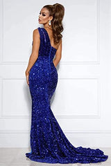 Royal Blue Prom Dress Sequined One Shoulder Mermaid Evening Dresses UK MyChicDress