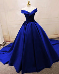 royal blue Satin Prom Dresses Long Off The Shoulder Ball Gowns Quinceanera Dresses