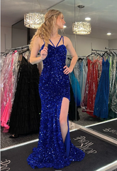 2025 Royal Blue Sequins Long Prom Dress Mermaid Straps Evening Dress UK with Slit