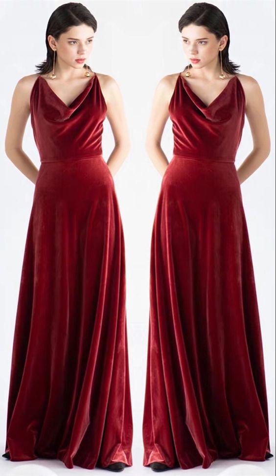 Rust Velvet Bridesmaid Dresses V Neck Sleeveless Wedding Guest Dress MyChicDress