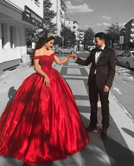 Satin Ball Gown Red Prom Dress Off Shoulder Sweetheart 16 Dresses MyChicDress