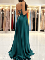 Satin Dark Green Prom Dresses Long Square Evening Dress Backless with High Slit