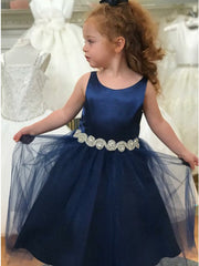 Scoop Satin Tulle Navy Blue Flower Girl Dresses with Belt MyChicDress