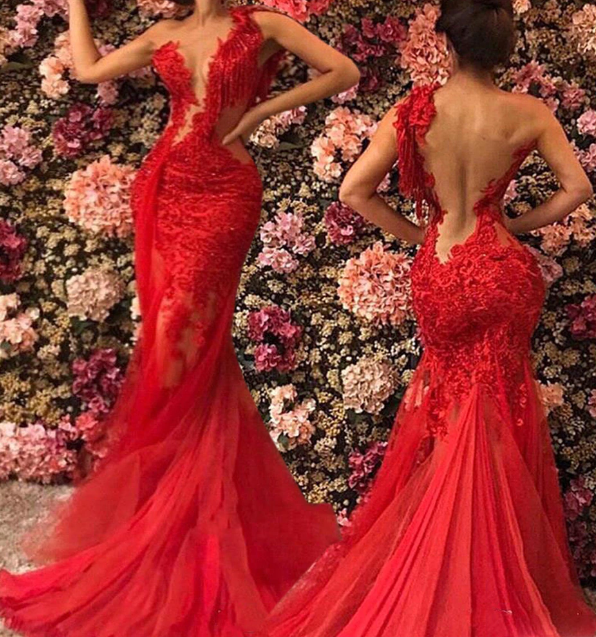 See Through Lace Red Prom Dresses One Shoulder Evening Gown MyChicDress