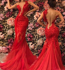 See Through Lace Red Prom Dresses One Shoulder Evening Gown MyChicDress