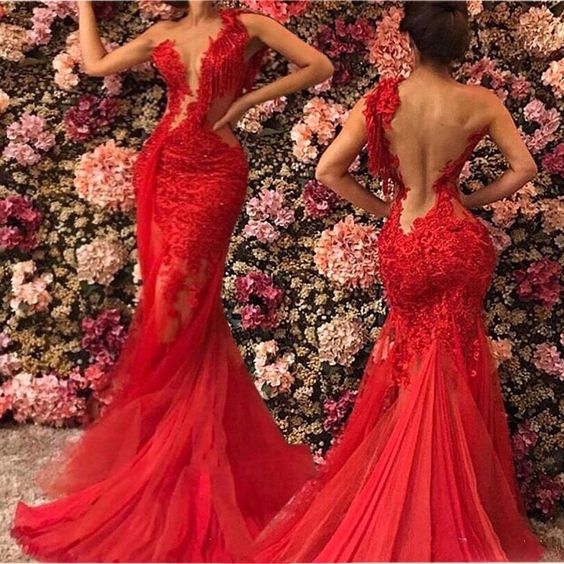 See Through Lace Red Prom Dresses One Shoulder Evening Gown MyChicDress