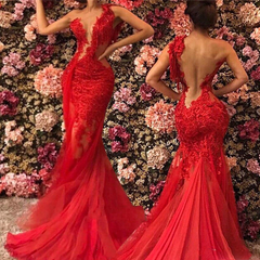 See Through Lace Red Prom Dresses One Shoulder Evening Gown MyChicDress