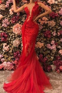 See Through Lace Red Prom Dresses One Shoulder Evening Gown MyChicDress