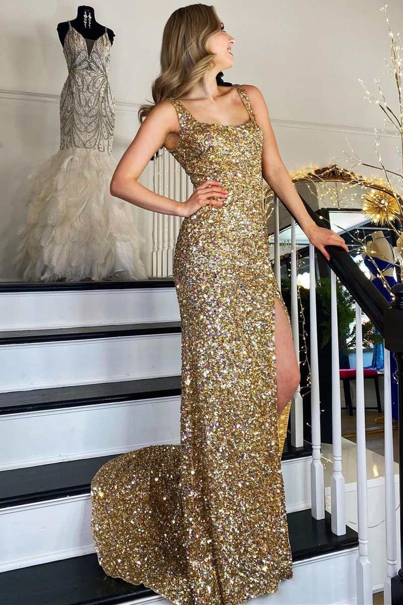 Sequin Gold Square Neck Prom Dresses Mermaid Long Formal Dress Backless with Slit MyChicDress