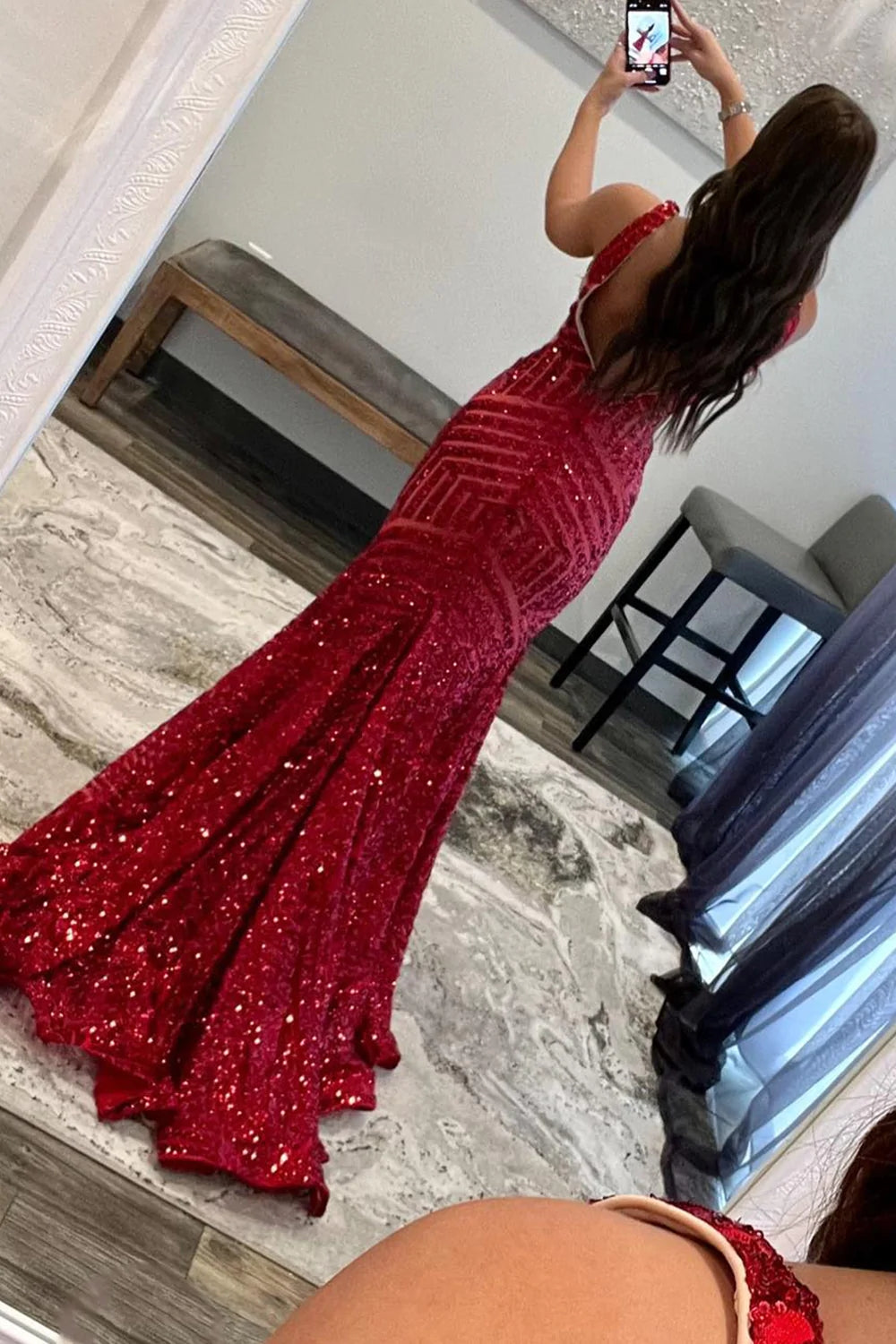 Sequin Prom Dresses Red 2024 Deep V Neck Mermaid Formal Dresses Long UK MyChicDress