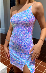 Sequin Short Prom Dresses 2025 One Shoulder Glitter Homecoming Dress MyChicDress