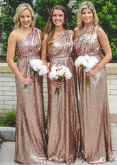 Sparkly One shoulder Long Sequins Bridesmaid Dresses Rose Gold Wedding Guest Dress