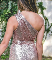 Sparkly One shoulder Long Sequins Bridesmaid Dresses Rose Gold Wedding Guest Dress