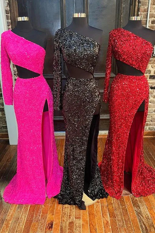 Sequins One-Sleeve Black Formal Dresses Cutout Long Prom Dress with Slit MyChicDress