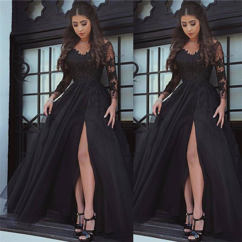 Sexy A Line Black Lace Long-Sleeved Slit Prom Evening Dresses MyChicDress