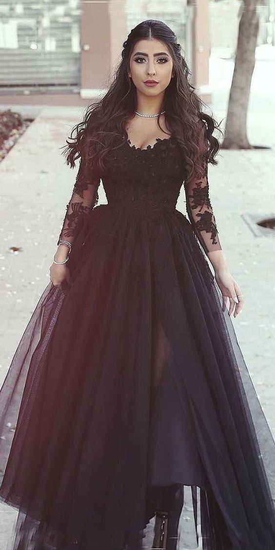 Sexy A Line Black Lace Long-Sleeved Slit Prom Evening Dresses MyChicDress