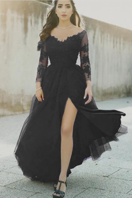 Sexy A Line Black Lace Long-Sleeved Slit Prom Evening Dresses MyChicDress