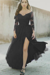 Sexy A Line Black Lace Long-Sleeved Slit Prom Evening Dresses MyChicDress