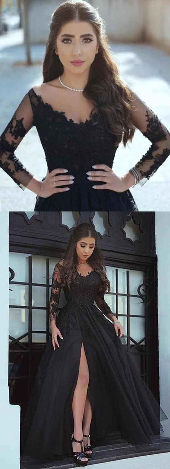 Sexy A Line Black Lace Long-Sleeved Slit Prom Evening Dresses MyChicDress