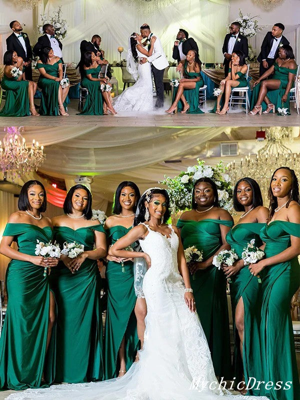 Sexy Black Girl Emerald Green Bridesmaid Dresses Off Shoulder Mermaid Soft Satin MyChicDress