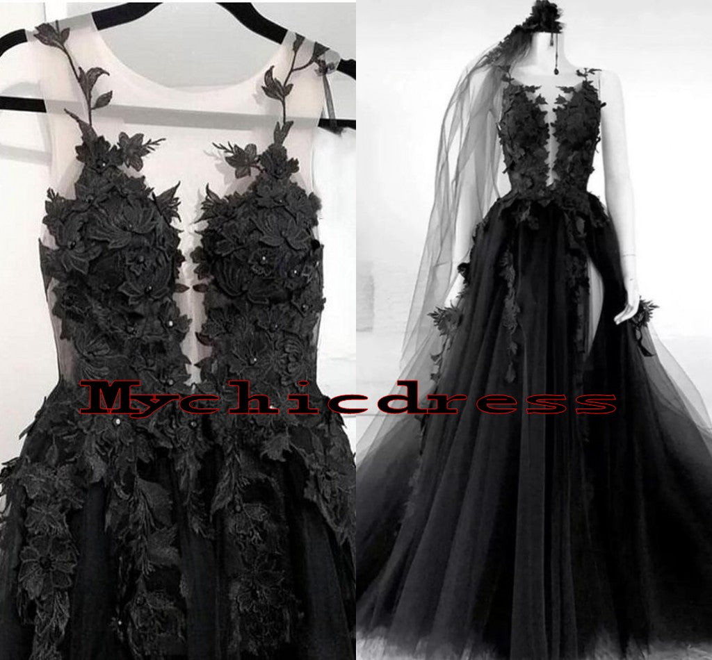 Sexy Black Lace Gothic Wedding Dresses Tulle Backless With Veil Free MyChicDress