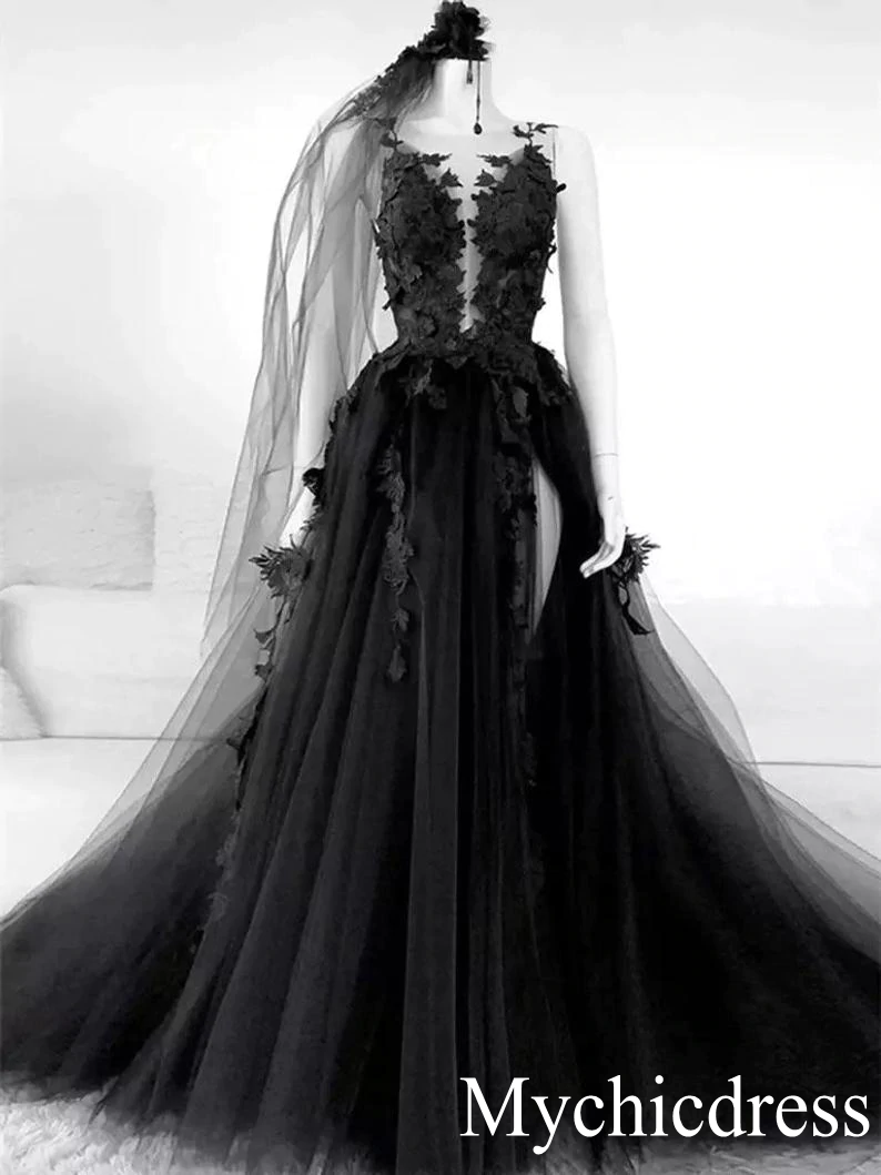 Sexy Black Lace Gothic Wedding Dresses Tulle Backless With Veil Free MyChicDress