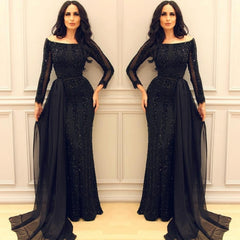 Sexy Black Long Sleeves Sequined Prom Dresses Off-the-Shoulder - MyChicDress