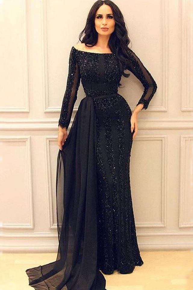 Sexy Black Long Sleeves Sequined Prom Dresses Off-the-Shoulder - MyChicDress