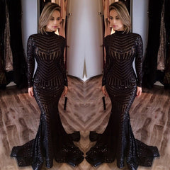 Sexy Black Mermaid High Neck Evening Gowns Long-Sleeves Sequined Prom Dress - MyChicDress