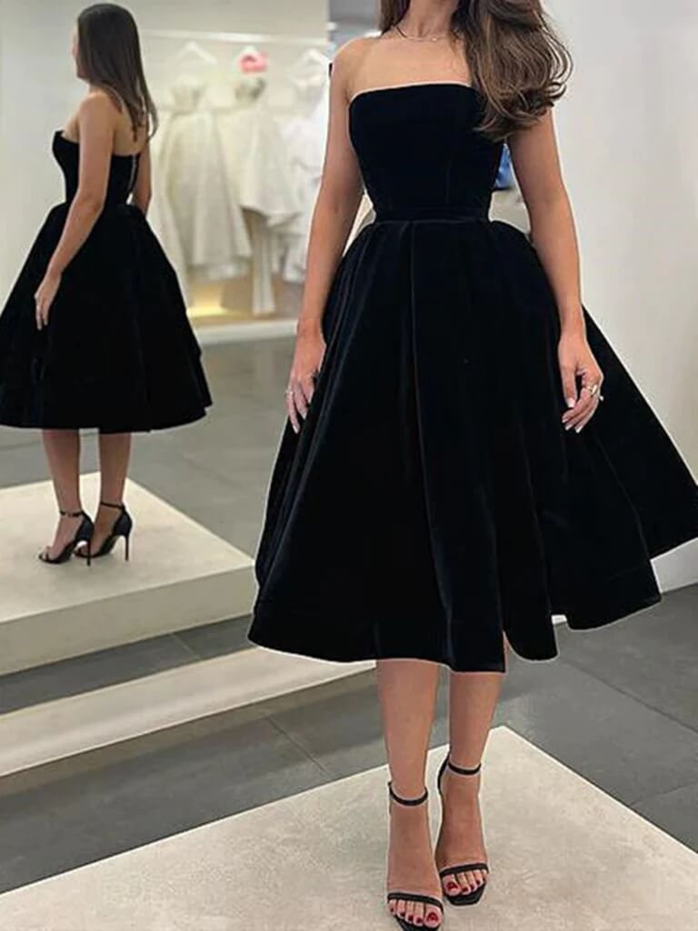 Sexy Black Velvet Wedding Guest Dress Strapless Knee Length Prom Dresses Short MyChicDress