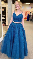 Sexy Blue 2 piece Prom Dresses Lace Sequin V Neck Formal Evening Dress MyChicDress