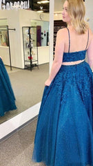 Sexy Blue 2 piece Prom Dresses Lace Sequin V Neck Formal Evening Dress MyChicDress