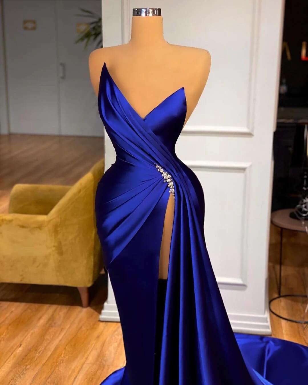 Sexy Blue Long V Neck Satin Evening Dresses Mermaid with High Split MyChicDress