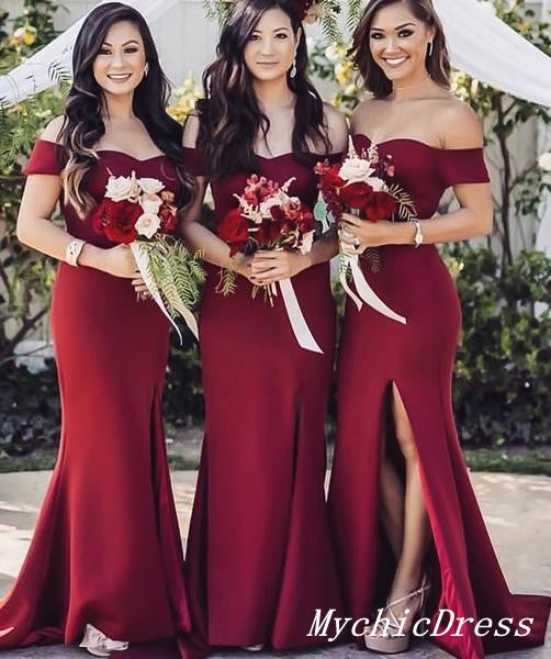 Sexy Burgundy Wedding Guest Dresses Floor Length Bridesmaid Dress with Split MyChicDress