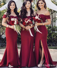 Sexy Burgundy Wedding Guest Dresses Floor Length Bridesmaid Dress with Split MyChicDress