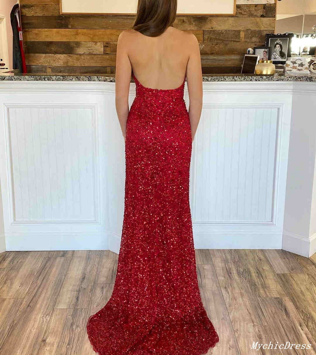 Sexy Deep V Neck Red Sequins Prom Dresses Long Evening Gown with Slit MyChicDress